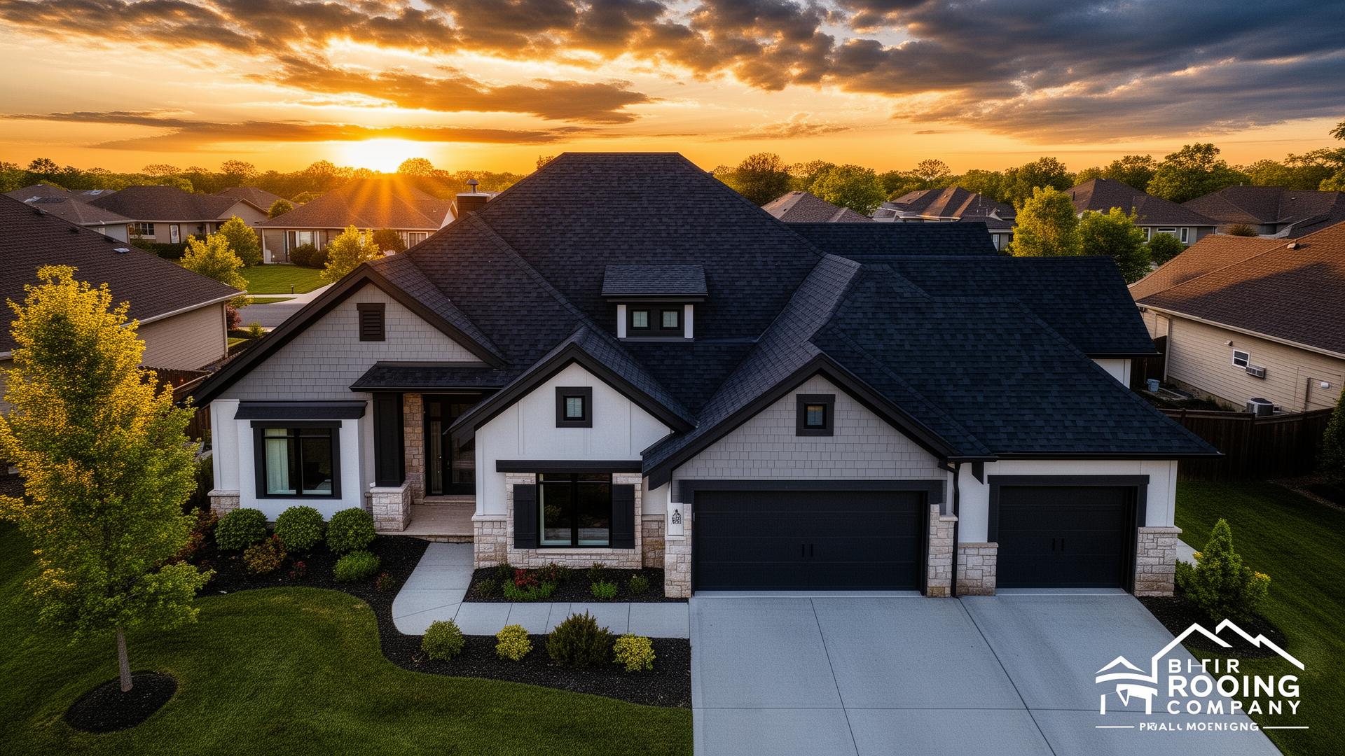 Beautiful home with new architectural shingle roof at sunset